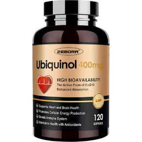Zebora Ubiquinol CoQ10 400mg softgels مع فيتامين C & فيتامين E & Selenium ، Max-Absorting ، 4-in-1 مضادات الأكسدة القوية ، يدعم صحة القلب وتوفير الطاقة ، 120 ناعمة
