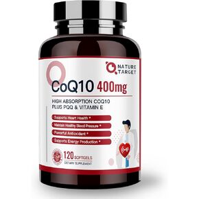 NATURE TARGET CoQ10-400mg Plus PQQ with Vitamin E & Organic Olive Oil - Coenzyme-Q10 with BioPerine - High Absorption Antioxidant-for-Heart-Health and Energy Production,120 Servings
