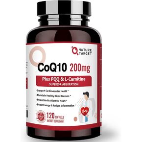 Nature Target CoQ10-200mg مع PQQ L-Carnitine و Omega-3S ، وامتصاص عالي الإنزيم Q10 مع Bioperine ، يدعم الجهاز القلبي والمناعة ، إنتاج الطاقة الخلوية ، 120 حصص