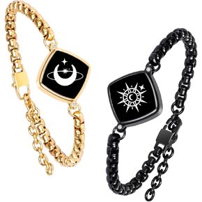 PULOMI Long Distance Touch Bracelets,Vibration & Light up Couples Bracelets, Remote Smart Matching Bracelet for Couples Long Distance Relationship Girlfriend Boyfriend Xmas Gifts Black Gold