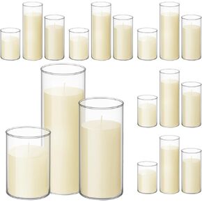 Shihanee 36 Pcs Pillar Candles and Glass Cylinder Vases Tall Cylinder Holders for Pillar Candles Wedding Centerpieces, Total 18 Sets(3.4'' X 4.7", 7", 9.8",Clear,Ivory White)