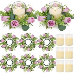 حلقات شمعة وردة بيضاء مع مجموعات شموع لا طعم فيها - 12pcs زهرة الاصطناعية الأوكالبتوس مركزية الزفاف 3 بوصة الزهور أحكال الزهور لديكور حفل الزفاف (6 مجموعة) (أبيض) (أبيض)