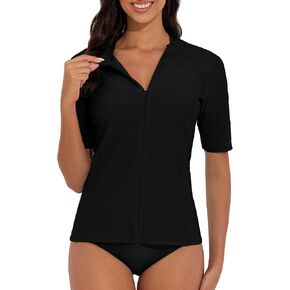 Tournesol Women's Rash Guard Short Sleeve Swim Shirt Zip Front Swim Top UV Sun Protection Swimsuit Top