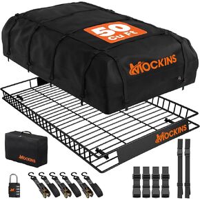 Mockins XXL 90"x50"x6" Heavy Duty Roof Rack Cargo Carrier for Top of Vehicle w/50 CuFt Waterproof Rooftop Cargo Bag | Weatherproof 250 Lbs. Cap. Roof Luggage Rack for SUV, Car, RV & Van w/Accessories