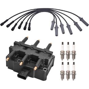 ENA Set of 1 Ignition Coil with 6 Spark Plug and Wire Set Compatible With Dodge Chrysler Volkswagen Pacifica Town & Country Voyager Grand Caravan Routan 2001-2010 V6 3.3L Replacement For UF305 27703