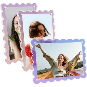 3 Pack Acrylic Picture Frames 4x6 Scalloped with Detachable Brackets, Vertical and Horizontal Tabletop Display, Clear Magnetic Photo Frames for Home/Family/Party/Wedding