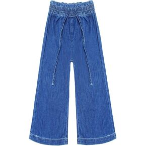 KIDSCOOL SPACE Girls Thin Denim Pants, Wide-Leg Ribbed Elastic Waistband Jeans