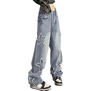 Womens Y2K Baggy Jeans Star Patchwork High Waist Teen Girls Vintage Grunge Straight Leg Denim