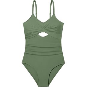 WIQI Girls Swimsuit One Piece Bathing Suit Twist Front Cutout Adjustable Straps Ruched Girls' Swimwear Size 9-16