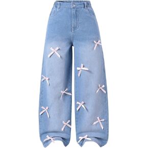 WDIRARA Girl's Bow Wide Leg Denim Pants Elastic High Waisted Y2k Jeans with Pockets