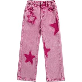Wdirara Toddler Girl's Star Print High Pherensed Jeans Denim Bants مع جيوب
