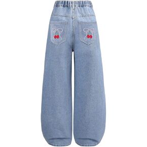 Floerns Girl's Y2k Bowknot Print Elastic Waist Jeans Wide Leg Cute Denim Pants