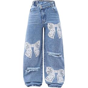 WDIRARA Girl's Bow Print Ripped Wide Leg Baggy Jeans High Waisted Asymmetrical Denim Pants