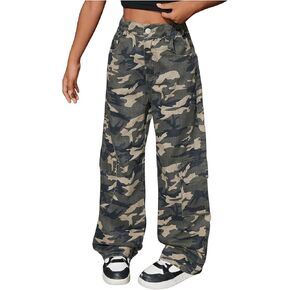 WDIRARA Girl's Y2K High Waisted Wide Leg Camo Jeans Elastic Baggy Denim Pants with Pockets