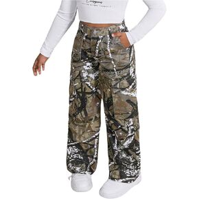 WDIRARA Girl's Camo Print Cargo Jeans High Waisted Wide Leg Denim Pants