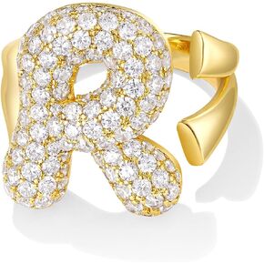 KissYan Bubble Initial Ring for Women, 14k Gold Plate Balloon Jumbo Letter Rings Open Adjustable Dainty Pave CZ Personalized Fashion Trendy Statement Jewelry Gift
