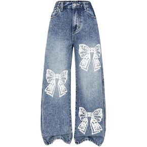 Girl's Y2k Bow Print Baggy Jeans Wide Leg High Waisted Denim Pants