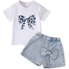 kid Young Girl Clothes Outfits Cute Sweet Bowknot Print T-Shirt + Bowknot 2 In 1 Denim Short Summer Clothing Set