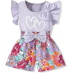 3-8 T Toddler Girls Clothing Set Ruffle Sleeve Bow Tie Top + Floral Shorts Set