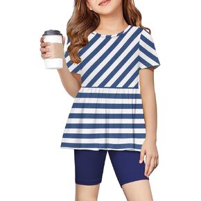 Arshiner Girls Summer Outfits Short Sleeve Ruffle Hem Top and Biker Shorts Set Girl Clothes 6-14 Years