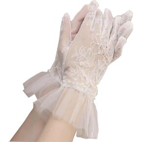 Mesh Gloves Lace Ruffled Wedding Gloves Sheer Tulle Pearl Opera Tea Party for Women