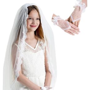 Girls First Communion Veil Lace Edge Holy White Mantilla & Girls First Communion Gloves with Bow Floral Satin White Lace Gloves Princess Gloves