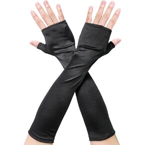 Luwint Fingerless Long Gloves, Satin Womens Glove Elbow Length Sleeves for Costume Dress Opera Party (Black)