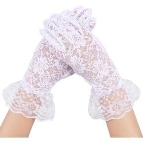 White Short Lace Gloves - Sheer Mesh Floral Lace Tulle Wedding & Tea Party Gloves for Women