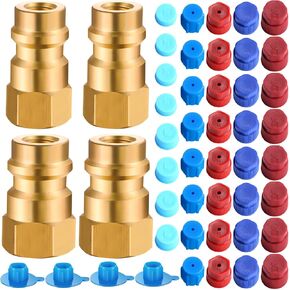 Gisafai 4 Pack R12/R22 to R134a Adapter Conversion Kit High/Low AC Retrofit Fitting Adapter 1/4'' to 7/16"-20 and 40 Pcs Dust Cap Coupler Connection for Car AC Air Conditioner Refrigerant (Gold)
