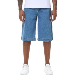 Men's Non-Stretch Relaxed Fit Wide-Leg Baggy Long Denim Shorts-14 Inseam Below Knee