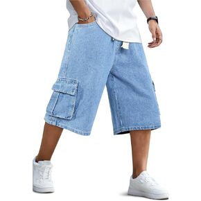 GINGTTO Mens Baggy Jean Shorts Cargo Long Denim Shorts Elastic Waist 15 Inch Inseam