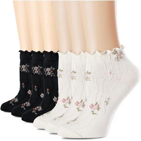 Women‘s Ruffle Ankle Socks,Vintage Patterned,Short Casual Dress Sock,Cute Princess Lettuce Floral Socks 6 Pack