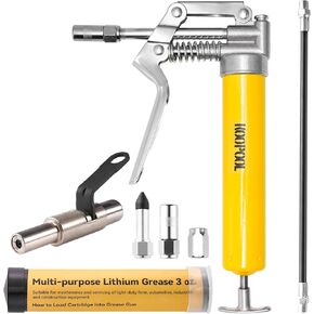 Mini Grease Gun Kit, 8000 PSI Heavy-Duty Pistol Grip Grease Guns, 12" Flex Hose, Rotating Coupler, 4-Jaw Coupler & Sharp Nozzle for Automotive, Machinery, Marine Use
