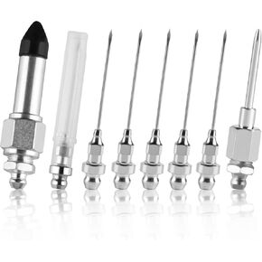 8pcs Grease Gun Needle Accessory Set: 6 Grease Injector Needle + 1 Grease Needle Dispenser + 1 Nipple Adapter, Bearing Grease Needle Nozzle for Greasing Sealed Joints Needle Grease, 18 Gauge