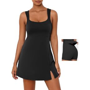 Desol Square Neck Tennis Dress with Pockets for Women Sleeveless Built in Shorts Athletic Dress Side Slit Golf Active
