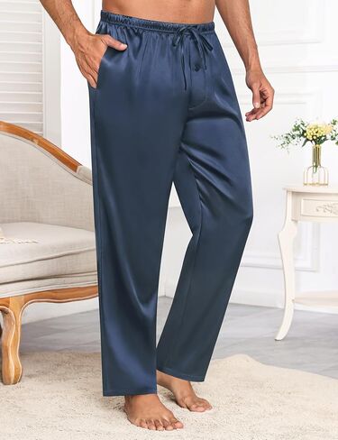 Swomog Mens Satin حريري سراويل بيجاما ناعم الحرير الطويل بيجاما مع الرباط وزر الأزرار in Kuwait