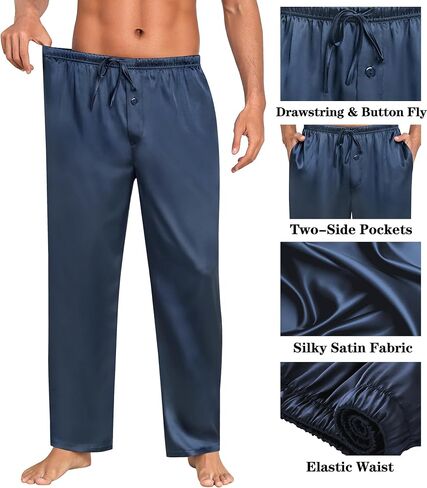 Swomog Mens Satin حريري سراويل بيجاما ناعم الحرير الطويل بيجاما مع الرباط وزر الأزرار in Kuwait