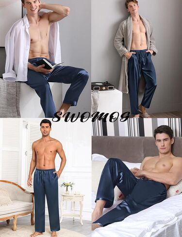 Swomog Mens Satin حريري سراويل بيجاما ناعم الحرير الطويل بيجاما مع الرباط وزر الأزرار in Kuwait