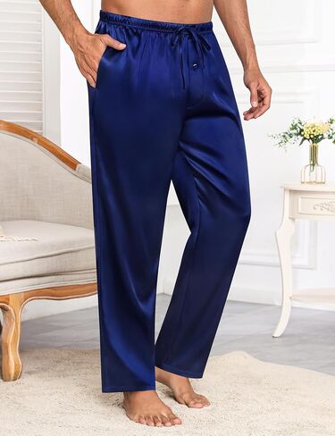 Swomog Mens Satin حريري سراويل بيجاما ناعم الحرير الطويل بيجاما مع الرباط وزر الأزرار in Kuwait