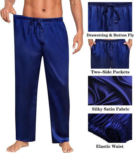 Swomog Mens Satin حريري سراويل بيجاما ناعم الحرير الطويل بيجاما مع الرباط وزر الأزرار in Kuwait