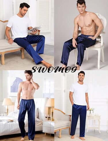 Swomog Mens Satin حريري سراويل بيجاما ناعم الحرير الطويل بيجاما مع الرباط وزر الأزرار in Kuwait