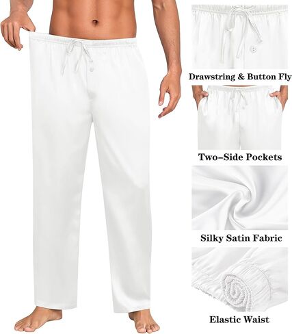 SWOMOG Mens Satin Silky Pajama Pants Soft Silk Long Pajama Bottoms with Drawstring & Button Fly & Pockets in Kuwait