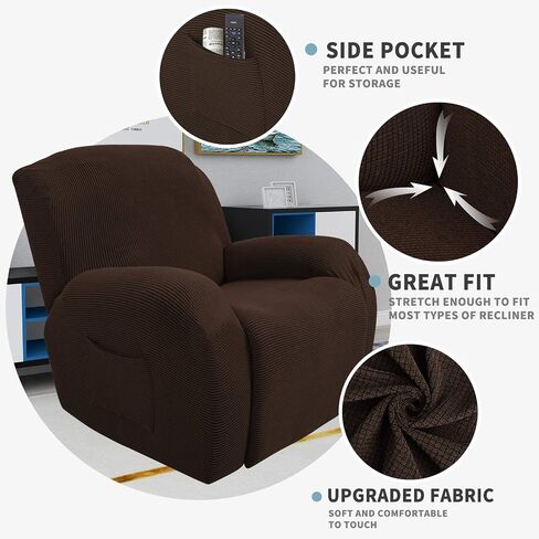 JIVINER Super Stretch Recliner Chair Covers 4 Pieces Sofa Slipcover for Reclining Chair Spandex Soft Recliner Slipcover with Pockets Recliner Furniture Protector (Recliner, Chocolate) in Kuwait