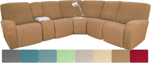 100% Waterproof Sectional Recliner Couch Covers for Reclining Couch L Shaped Corner Sectional Sofa Cover Jacquard Stretch L Shape Recliner Slipcovers (5 Seater 1 Console Cover, Light Beige) in Saudi Arabia