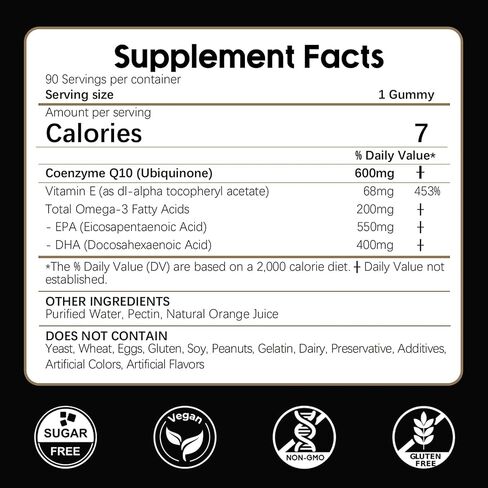 CoQ10 Gummies, Co Q 10 Supplement Sugar Free, Cq10 600mg with Omega 3 & Vitamin E, High Absorption Coenzyme Q10 Gummies for Heart Heathy, Energy & Antioxidant Support, Orange Flavor, 90 Count in Saudi Arabia