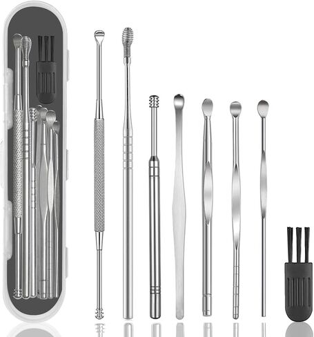 8 Pcs Ear Wax Removal Kit,Professional Double-Headed Ear Pick Earwax Removal Tools,316L Stainless Steel Ear Cleaner Curette with Cleaning Brush and Storage Box,Suit for Kid Adult(Silver) in Kuwait