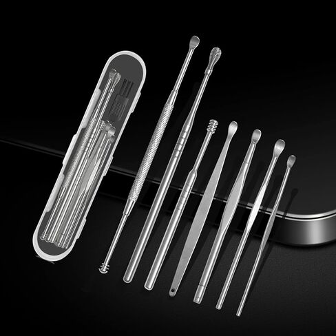 8 Pcs Ear Wax Removal Kit,Professional Double-Headed Ear Pick Earwax Removal Tools,316L Stainless Steel Ear Cleaner Curette with Cleaning Brush and Storage Box,Suit for Kid Adult(Silver) in Kuwait