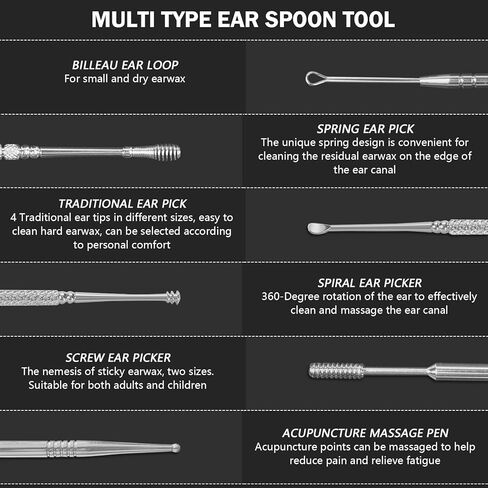طقم إزالة شمع الأذن 8 PCS ، أدوات إزالة الأذن ذات الأذن المزدوجة ذات الرؤوس المزدوجة ، 316 لتر منظف الأذن من الفولاذ المقاوم للصدأ مع فرشاة التنظيف وصندوق تخزين ، بدلة للطفل البالغ (الفضة) in Kuwait
