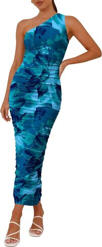 PRETTYGARDEN Women's One Shoulder Bodycon Dress Summer 2025 Printed Ruched Party Cocktail Fitted Long Dress in Saudi Arabia