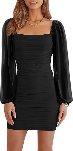 Wenrine Women's Mesh Long Sleeve Square Neck Ruched Party Club Cocktail Bodycon Mini Dress in Saudi Arabia